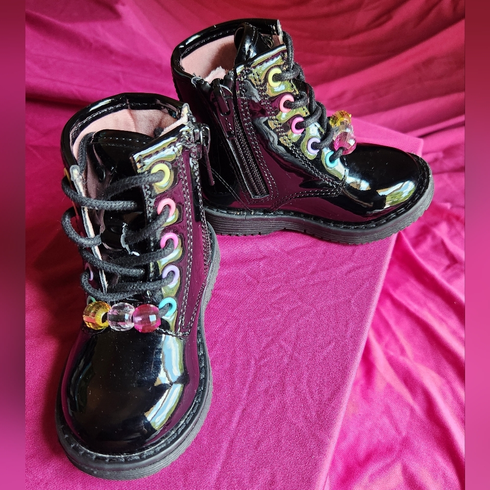 The Children's Place Black and Pink Combat Boots with Glossy Finish - Picture 8 of 11